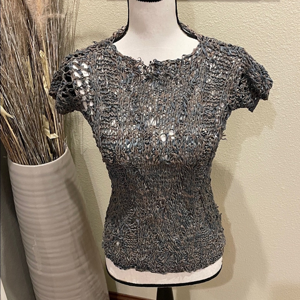 Handmade Gray 100% Leather Suede Wearable Art Couture Woven Braided Top S NWT